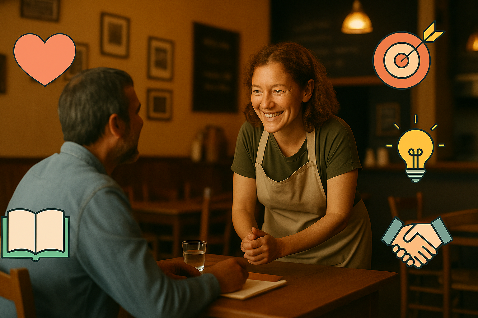 casos-reais-marketing-pme-algarve-alpmarketing Consultor conversa com comerciante num ambiente acolhedor, com ícones de parceria, avaliação positiva e resultados a simbolizar histórias reais de sucesso com a Alp Marketing.