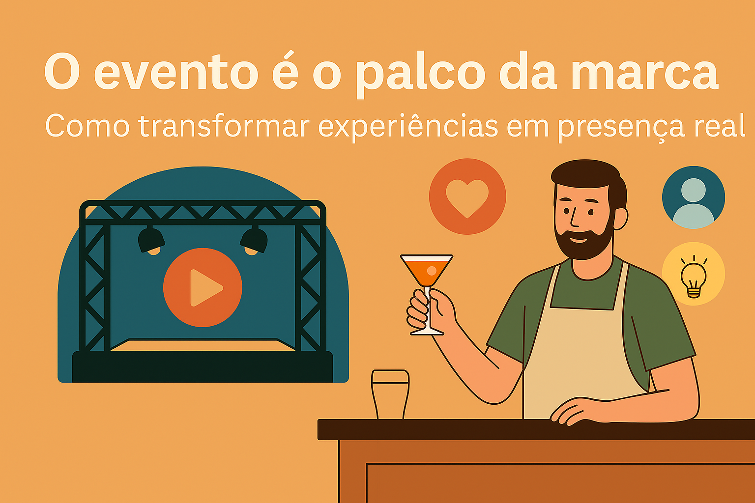 Ilustração digital em estilo flat, com tons claros e composição elegante, representando um ambiente de evento onde branding, experiência do cliente e operação se conectam. Evoca a ideia de que o evento é o palco onde a marca se manifesta.