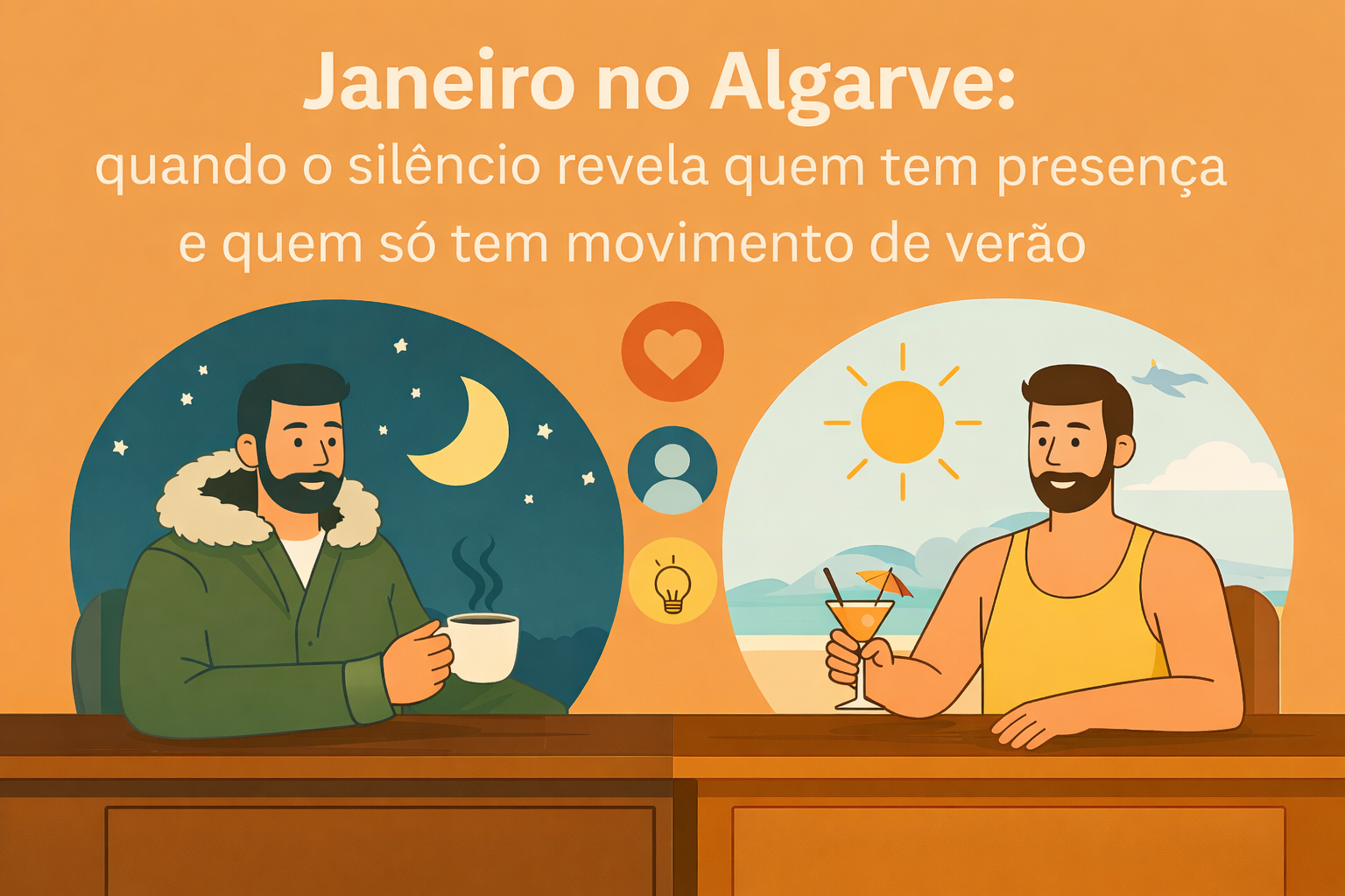 Ilustração sobre branding no Algarve em janeiro, contrastando presença de marca contínua com negócios sazonais de verão.